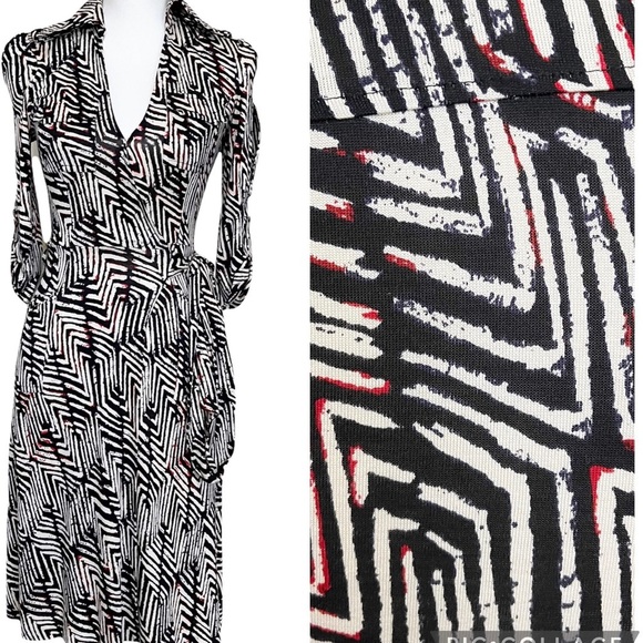 Diane Von Furstenberg Dresses & Skirts - DVF Diane Von Furstenberg Wrap Dress Silk Jersey Black Red Chevron Utility Sz 0